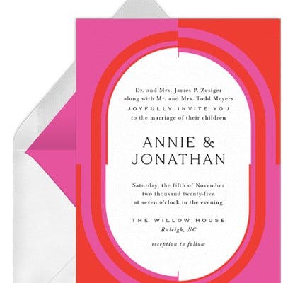 unconventional wedding invite pink and red